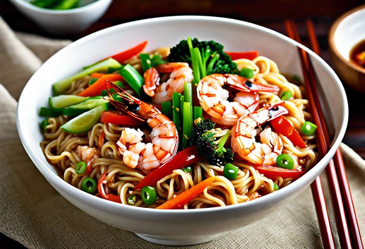 Recette facile de ramen sautées aux crevettes: saveurs asiatiques à la maison
