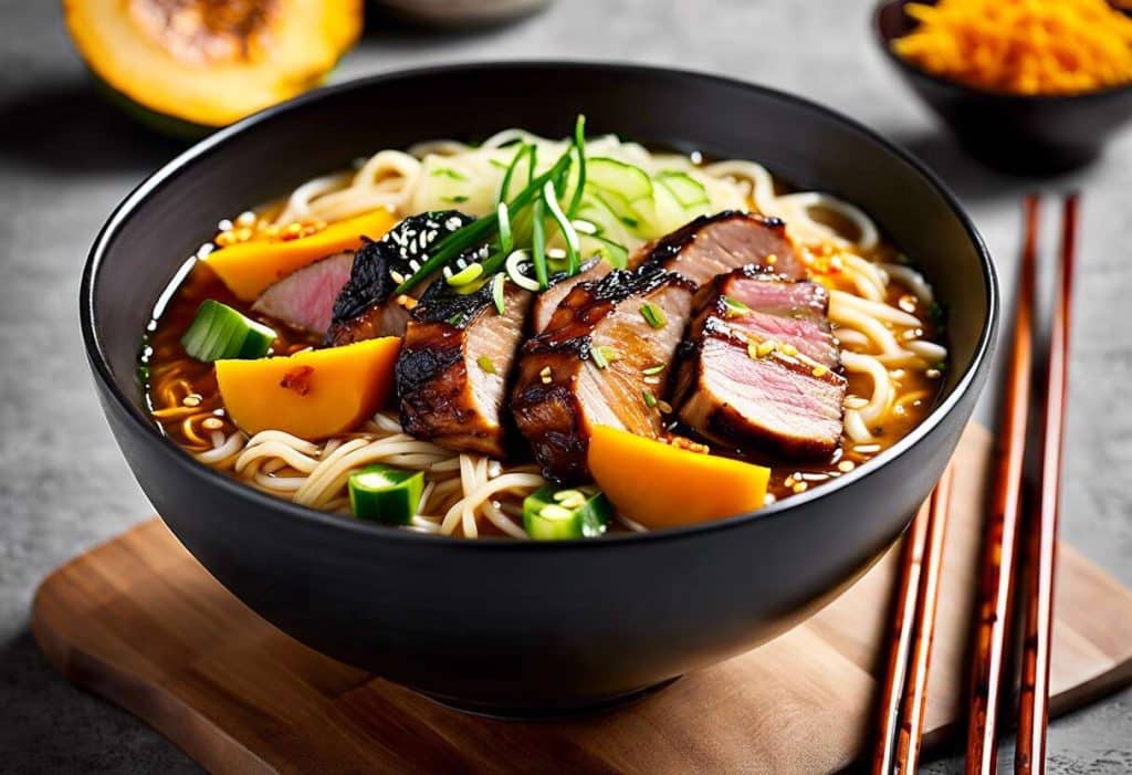 Recette de ramen au porc caramélisé et courge grillée : saveurs d'Asie revisitées