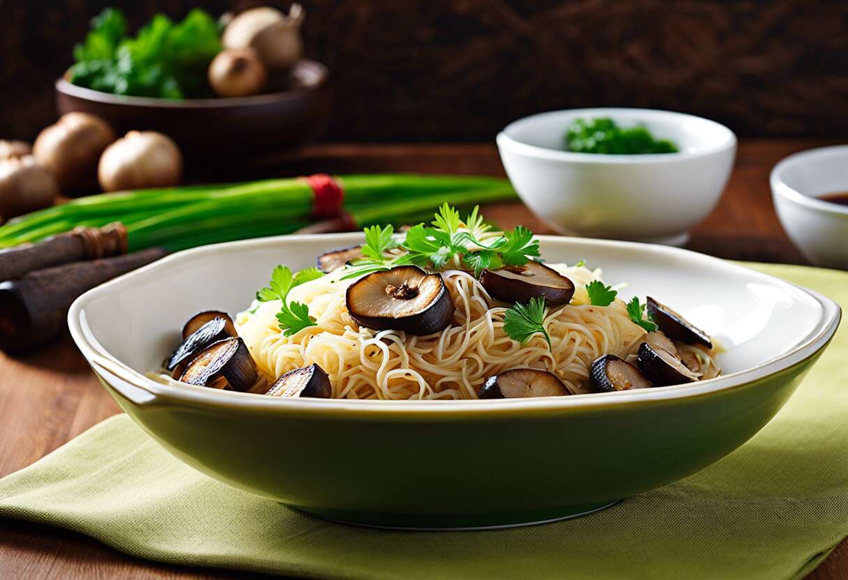 Recette de concombres sautés aux vermicelles et shiitaké : saveurs asiatiques