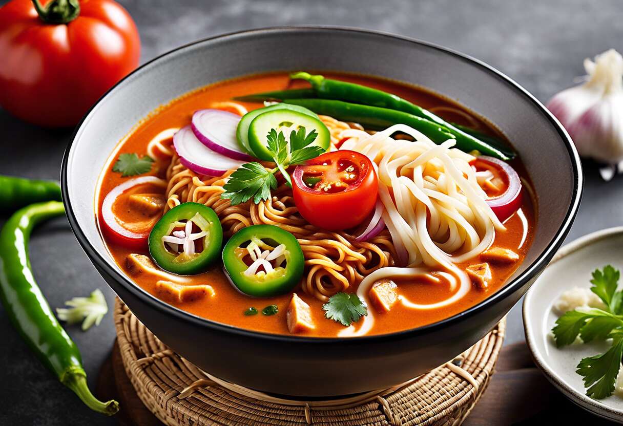 Ramen de curry rouge aux tomates et poivron vert : recette asiatique savoureuse