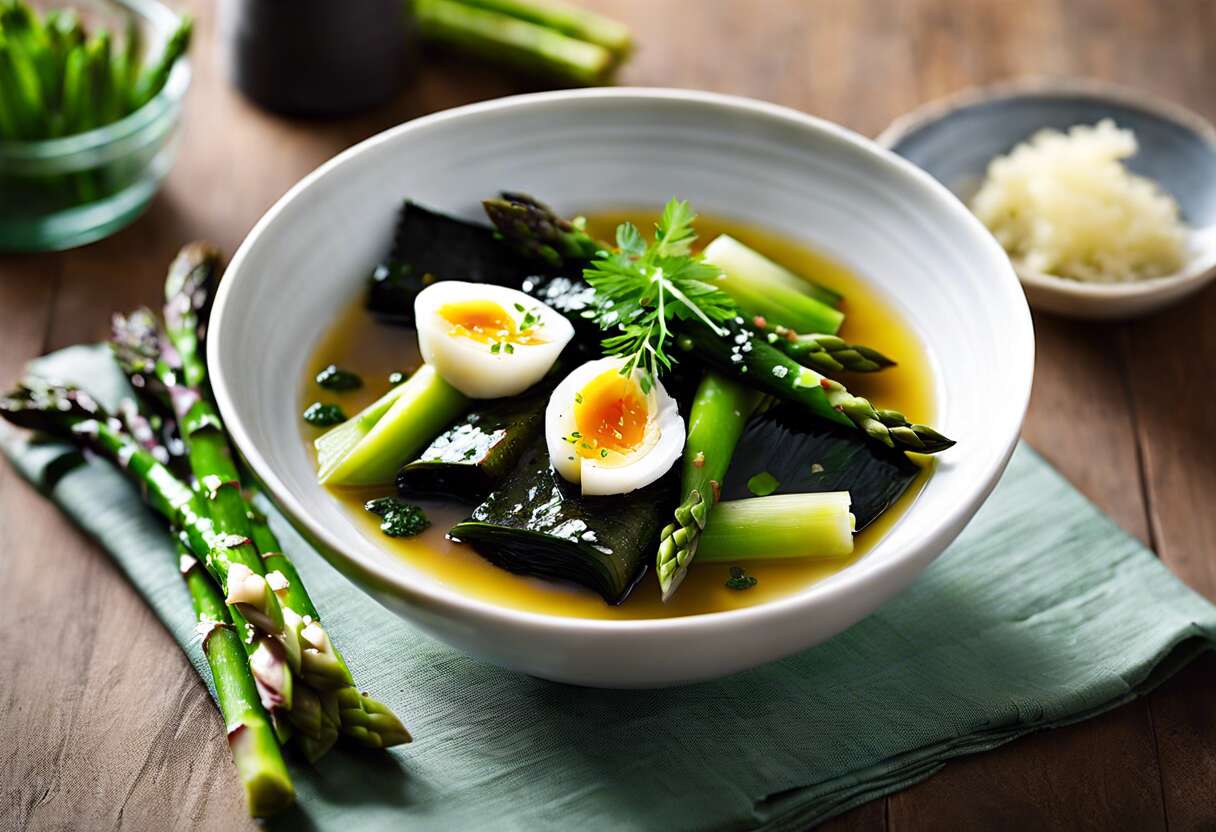 Bouillon vitalité : recette à l’algue nori, asperges et gingembre