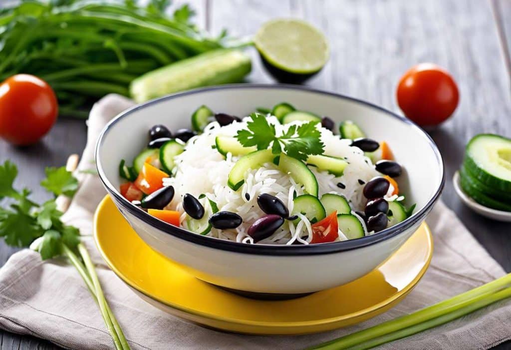 Recette facile : salade de vermicelles de riz, haricots noirs, concombre et coriandre