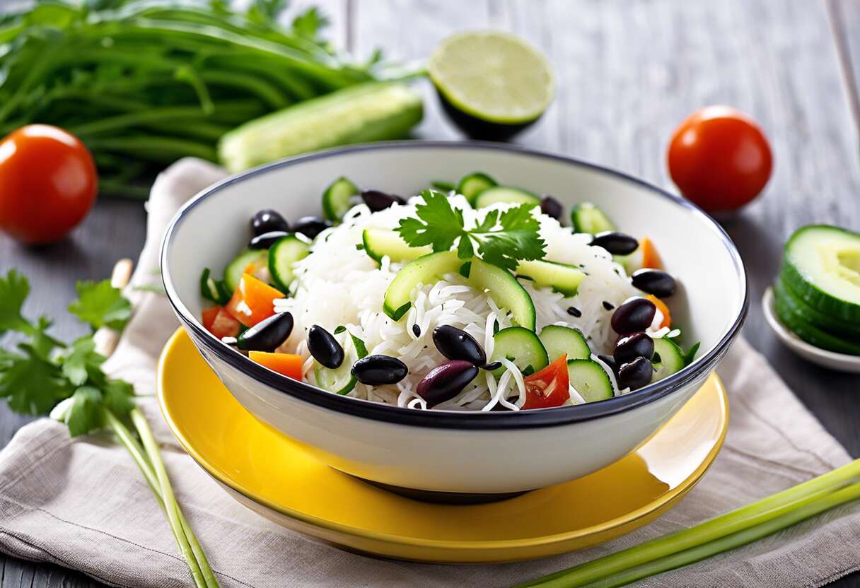 Recette facile : salade de vermicelles de riz, haricots noirs, concombre et coriandre