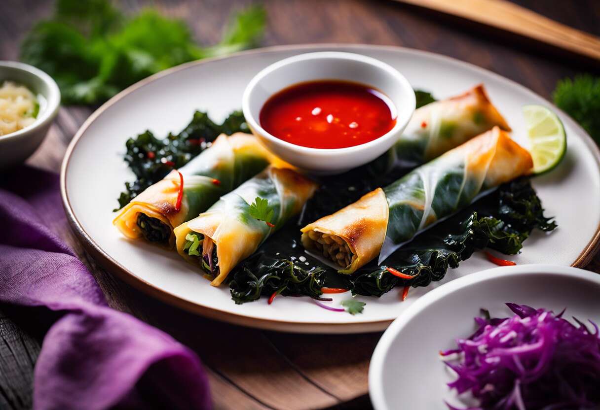 Recette de nems végétaliens au four : algue wakame, chou rouge et piment