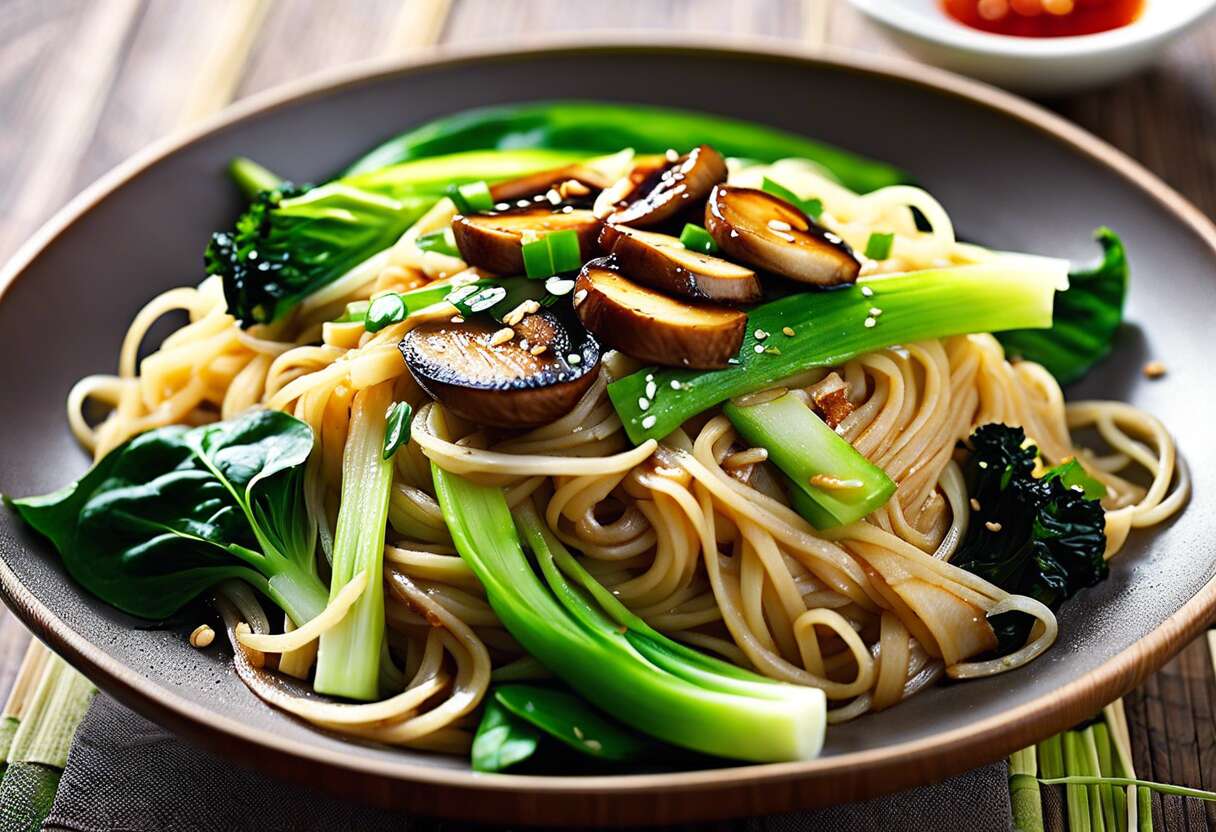 Recette veggie rapide : nouilles sautées au bok choi et shiitake en 20 minutes