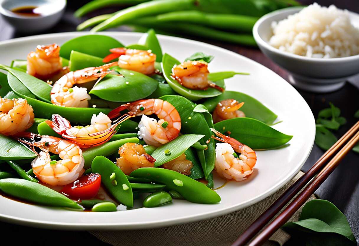 Recette facile : sauté de crevettes aux haricots mange-tout au wok