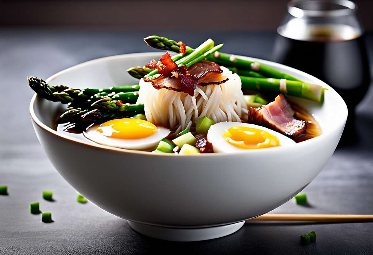 Ramen de Shirataki de Konjac aux Shiitake, asperges Vertes et Bacon Végétal : recette Savoureuse