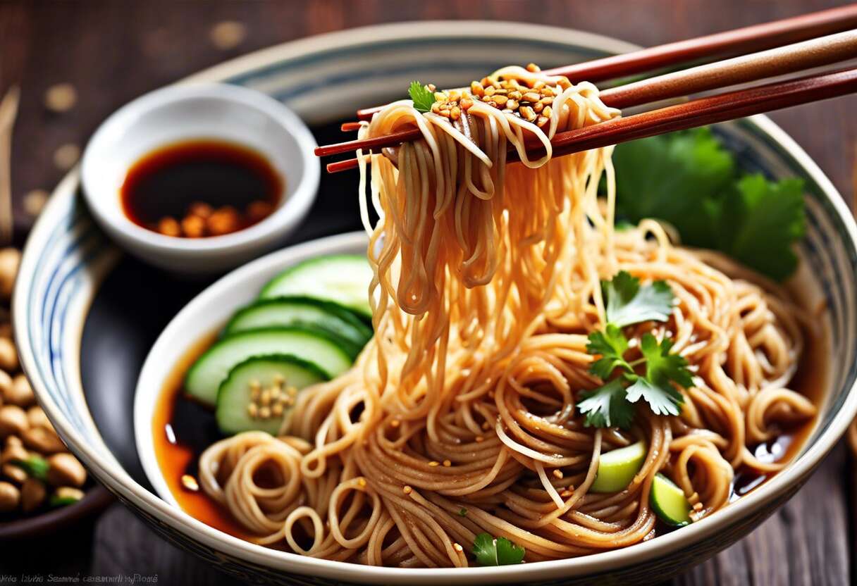 Recette de liang pi : nouilles de riz à la sauce sésame épicée