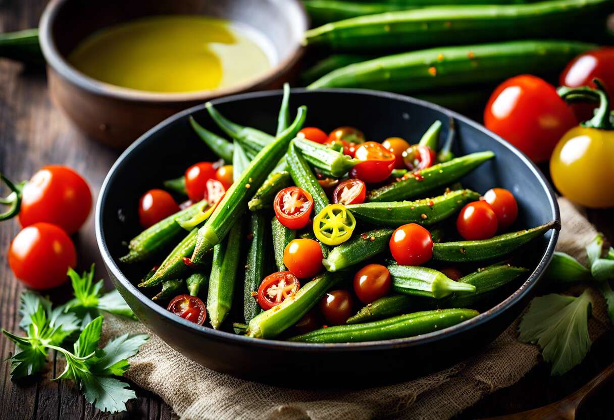 Recette d'okras pimentés sautés : gingembre, curry et tomates