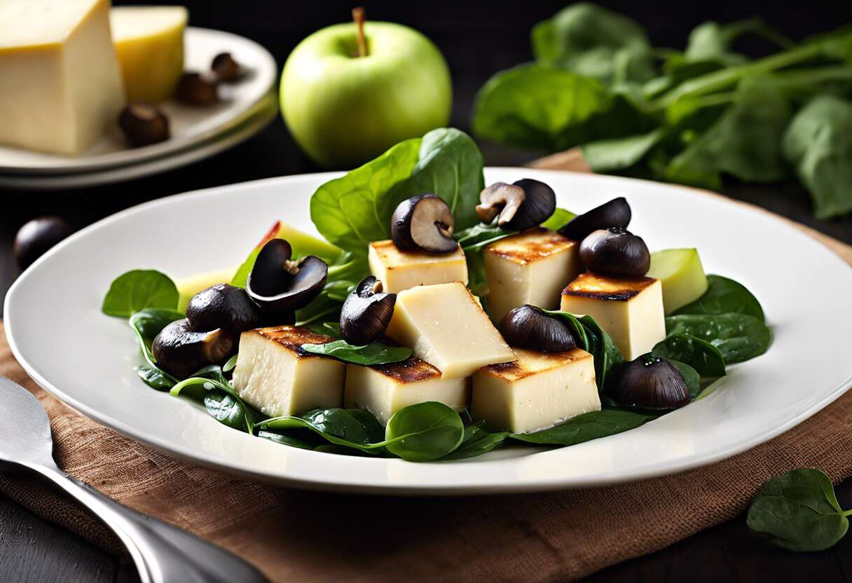 Recette de tofu mariné aux pommes, épinards et champignons noirs