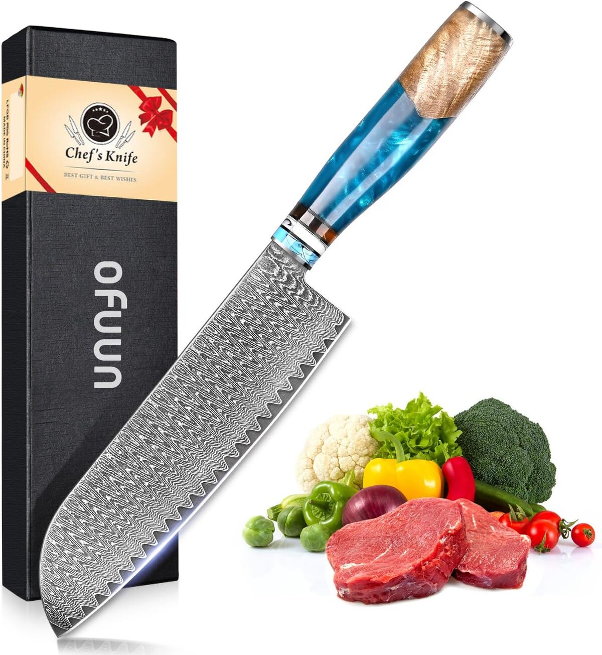 Test : couteau de cuisine Santoku oFuun en acier Damas