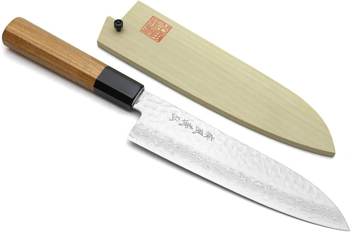 Test du couteau santoku yoshihiro NSW martelé Damas 7