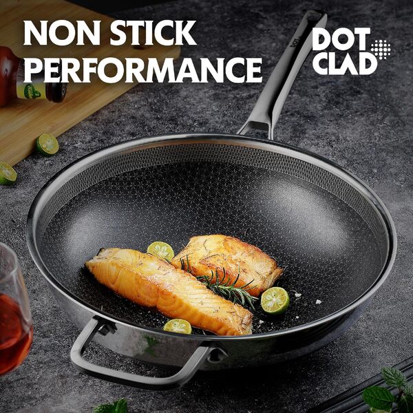 DOTCLAD Wok hybride de 30,5 cm avec couvercle, ustensiles de cuisine sans PFOA, woks et poêles à frire antiadhésifs, passe au lave-vaisselle et au four, fonctionne sur induction
