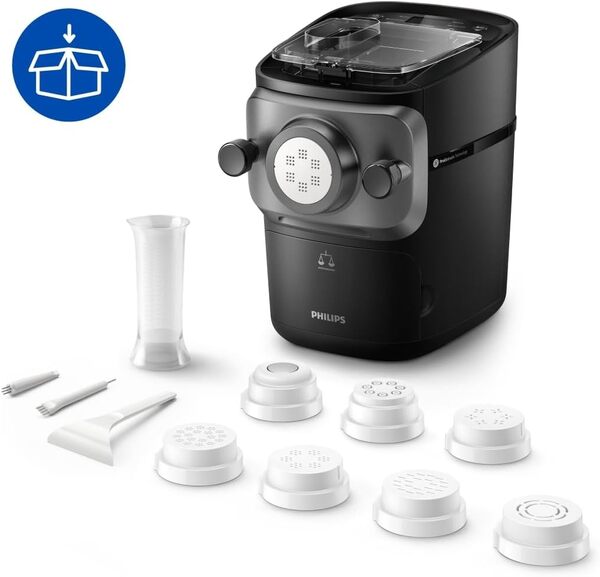 Philips Série 7000 Machine à Pâtes, Technologie ProExtrude, Pesée Automatique, 8 Disques de Forme, Pâte Parfaite, Nettoyage Facile, Jusqu'à 8 Portions, Noir (HR2665/93)