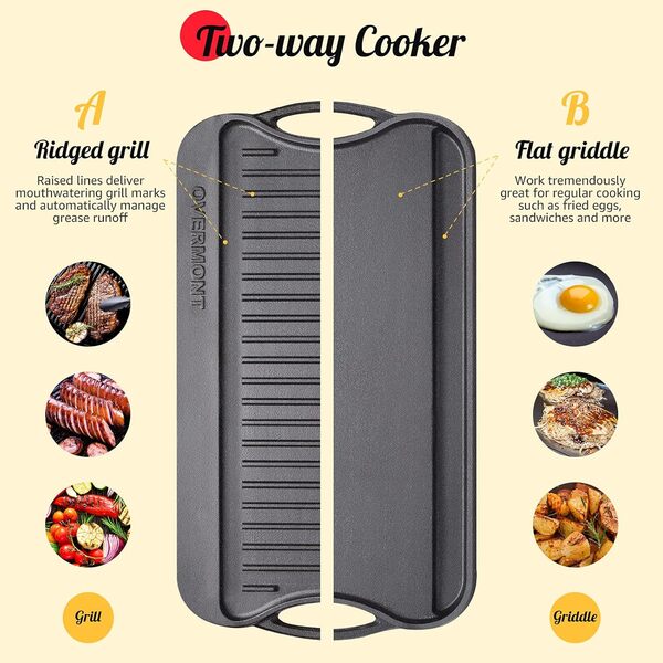 Overmont Poêle grill réversible en fonte pré-enduite avec poignées pour cuisinière à gaz, four à feu ouvert, 43,18 x 24,89 cm – un plateau, grattoirs inclus
