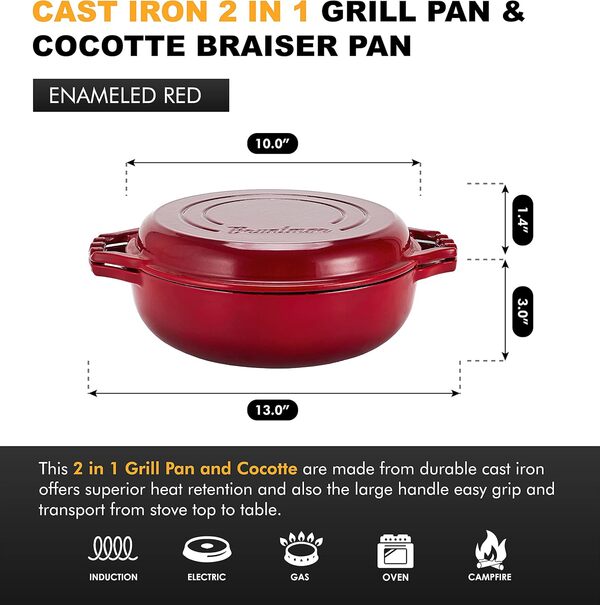 Poêle grill 2 en 1 en fonte et poêle à cocotte (rouge émaillé)