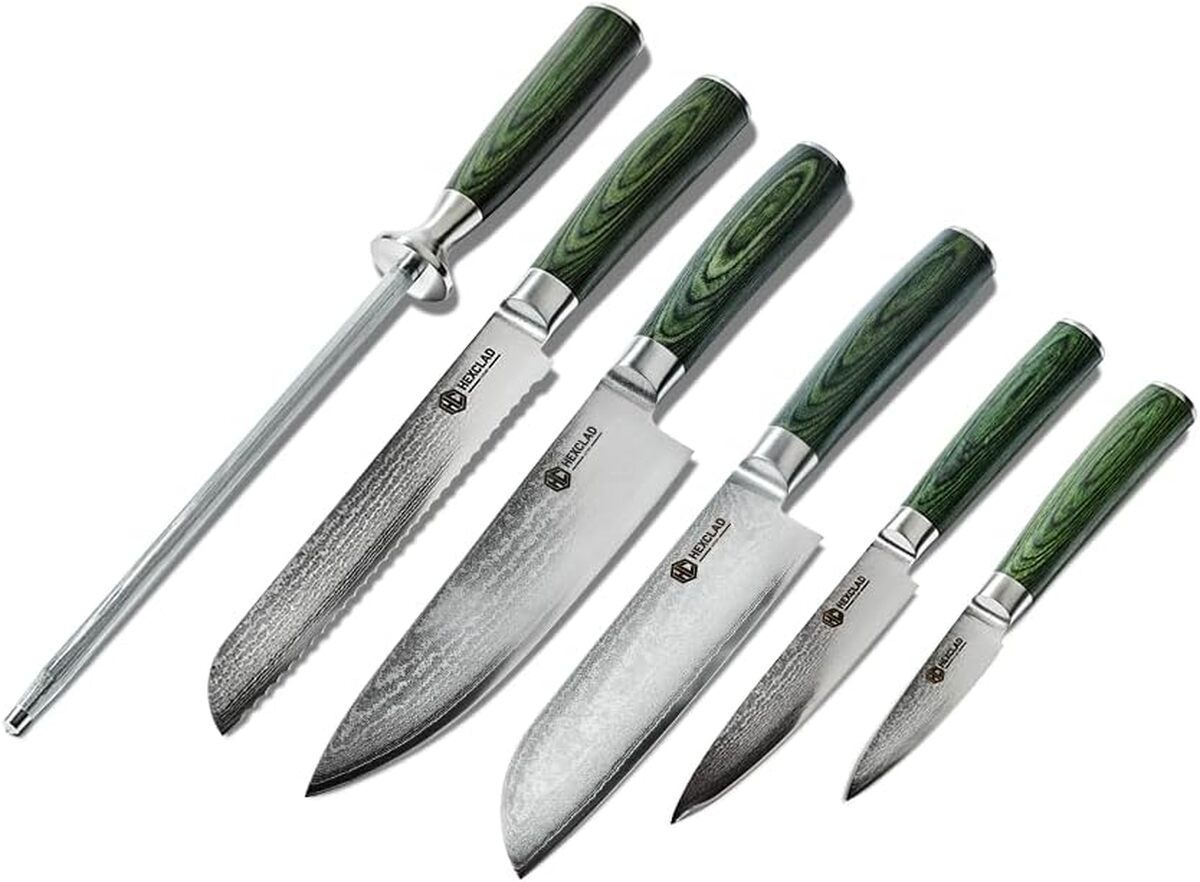 Test des couteaux HexClad : acier Damas et bois Pakkawood
