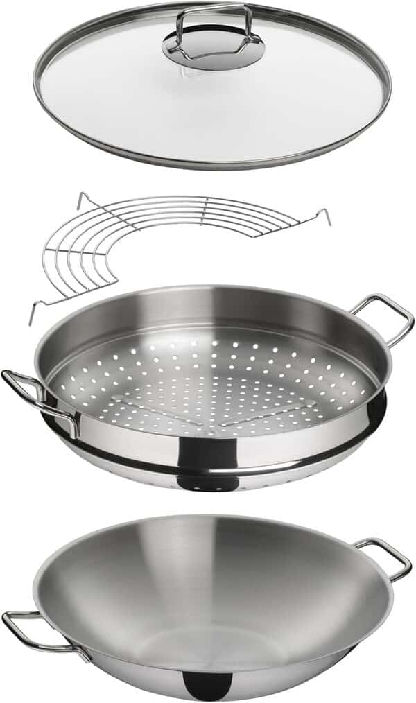WMF Ensemble 4 pièces Wok 36 cm, Base universelle TransTherm, Inox Cromargan, Induction et four, Compatibilité lave-vaisselle, Couvercle en verre, Grille à tempura, Panier vapeur, Macao 0792566040