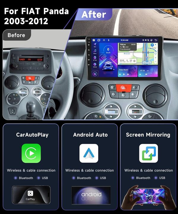 6G&128G 8-Core Podofo 9'' Autoradio Bluetooth pour Fiat Panda 2003-2012 Carplay Android Auto sans Fil, DSP, WiFi GPS Navi HiFi/RDS/FM, Android 13 Radio 2 DIN avec caméra de recul AHD