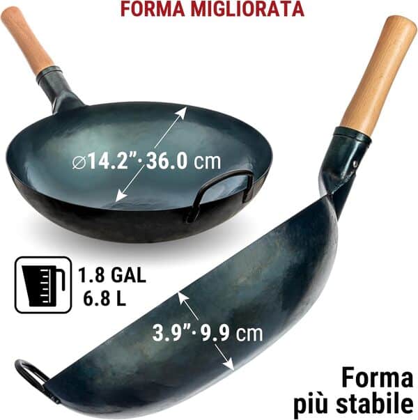 YOSUKATA Woks Et Poêles à Frire 36 cm - Wok à Fond Rond Pré-assaisonné - Wok Acier Carbone Blue - Compatible Avec Les Cuisinières à Gaz et Les Feux Ouverts - Wok Chinois Traditionnel (Blue)