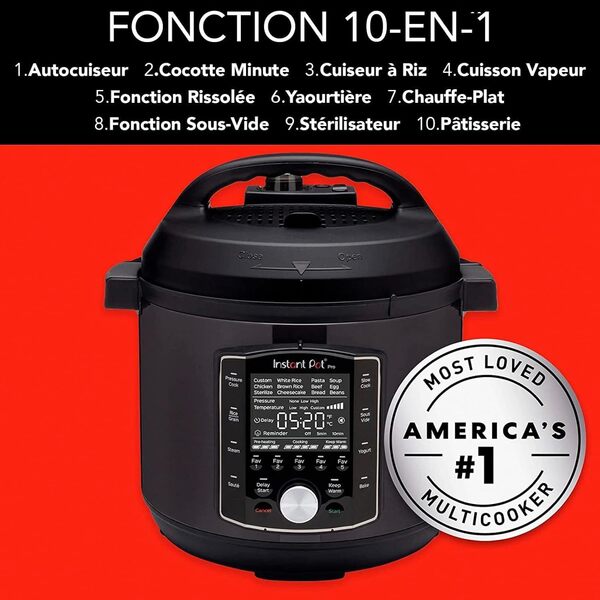 Instant Pot Pro 6, Autocuiseur Électrique Multifonction 10-en-1 - Cocotte Minute, Cuiseur à Riz, Cuiseur Vapeur, Stérilisateur, Yaourtière, Sous-Vide - Acier Inoxydable Noir - 1200W, 5.7L