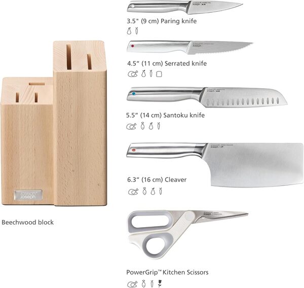 Joseph Joseph Fusion Ensemble Couteaux de Cuisine Professionnelle Japonais 5 pièces, Avec Couperet et Ciseaux de Cuisine, Bloc de Couteaux en bois, Acier Inoxydable