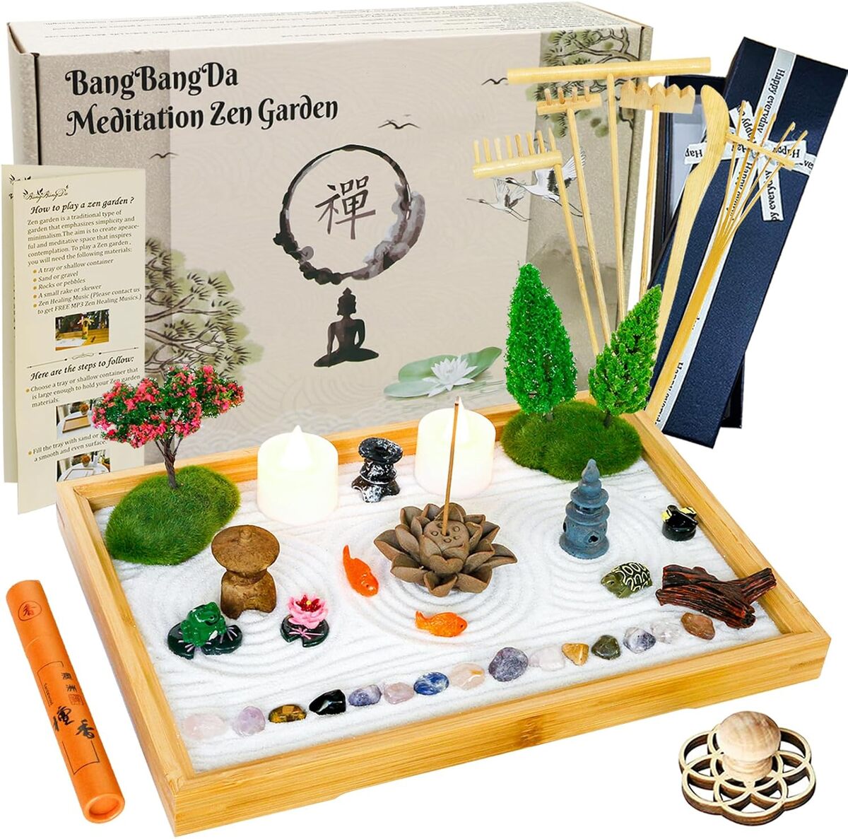 Test du kit de jardin zen de bureau : plateau bambou et accessoires