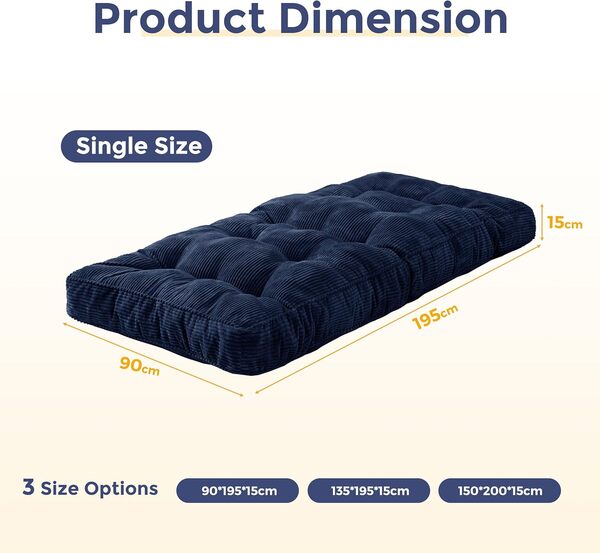 MAXYOYO Matelas Futon 1 Place Épais 15CM Garnissage en Mousse Déchiquetée avec Bordures Design, Matelas de Sol/Futon Pliable Pratique (Cadre Non Inclus)