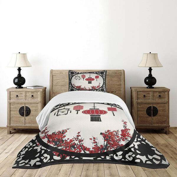 Ambesonne Couvre-lit avec lanternes japonaises Sakura Cerisier Cerisier Cerisier Rond Orné Graphique Décoratif Matelassé 2 Pièces Couvre-lit avec Taie d'Oreiller Taille Double Rouge Beige