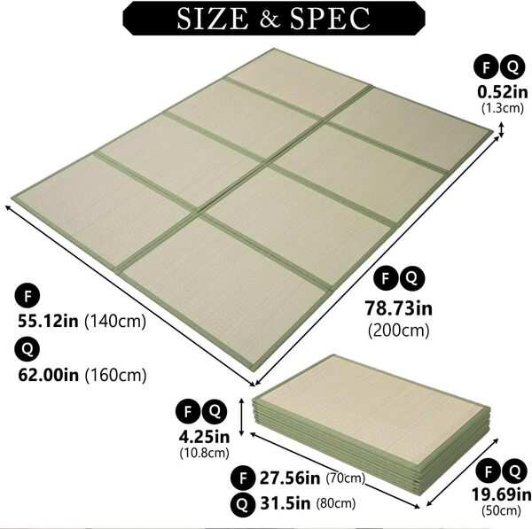 EMOOR Tatami Matelas Japonais 140 x 200 cm Naturel Jonc Herbe (Non Teint), Tapis de Sol Igusa Pliable Couchage Futon Japonais Matelas Méditation Yoga Zen