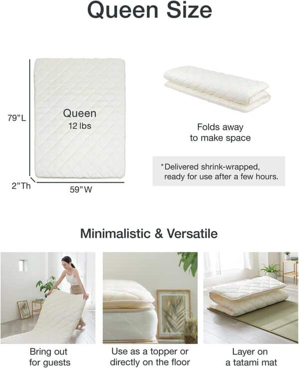 FULI Matelas futon Japonais, lit de Chaise Longue Pliable et Portable, Tapis de Couchage Enroulable, Shikibuton, fabriqué au Japon (Blanc, Grand lit)