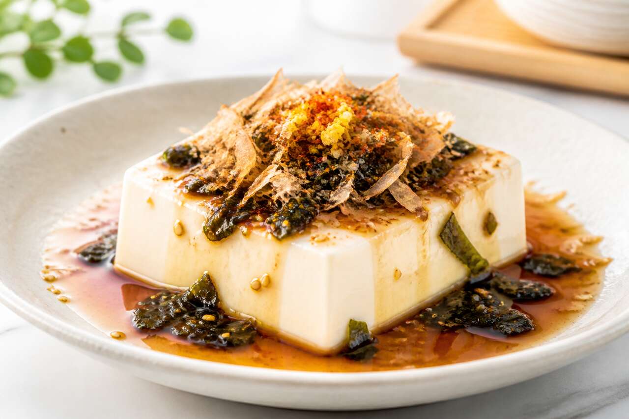 Recette de hoyayako : tofu soyeux à la sauce mentsuyu