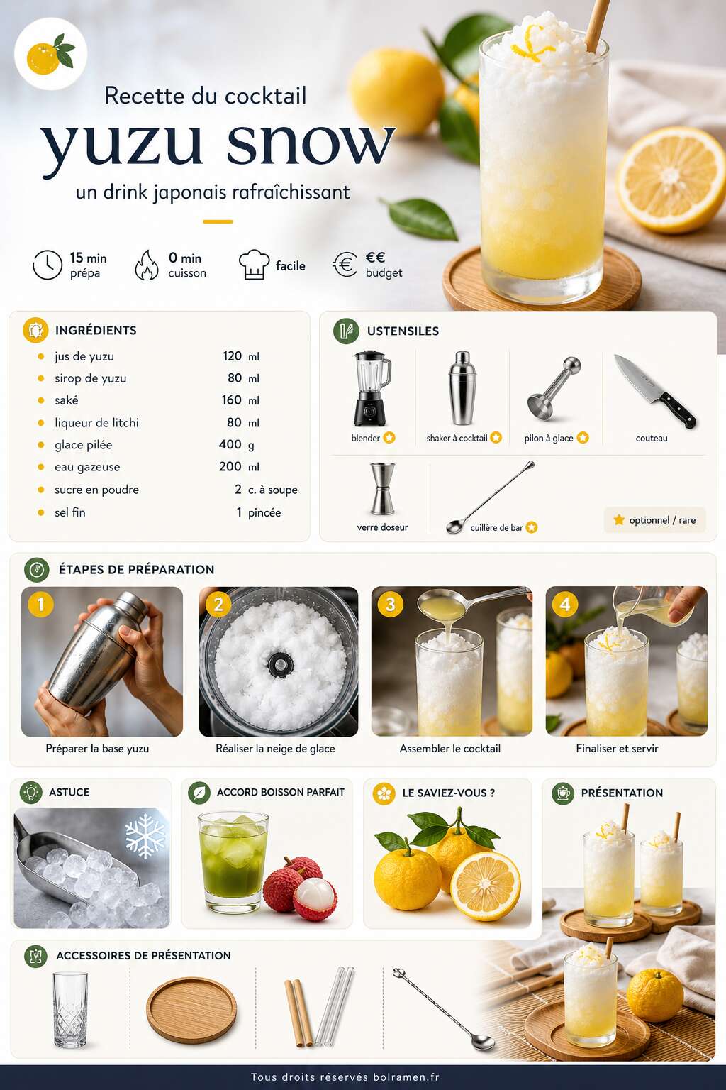 Fiche recette Recette du cocktail yuzu snow : un drink japonais rafra&icirc;chissant