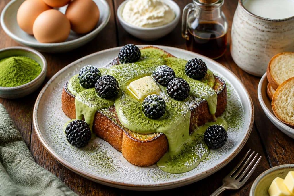 Recette de brioche perdue à la crème de matcha et mûres