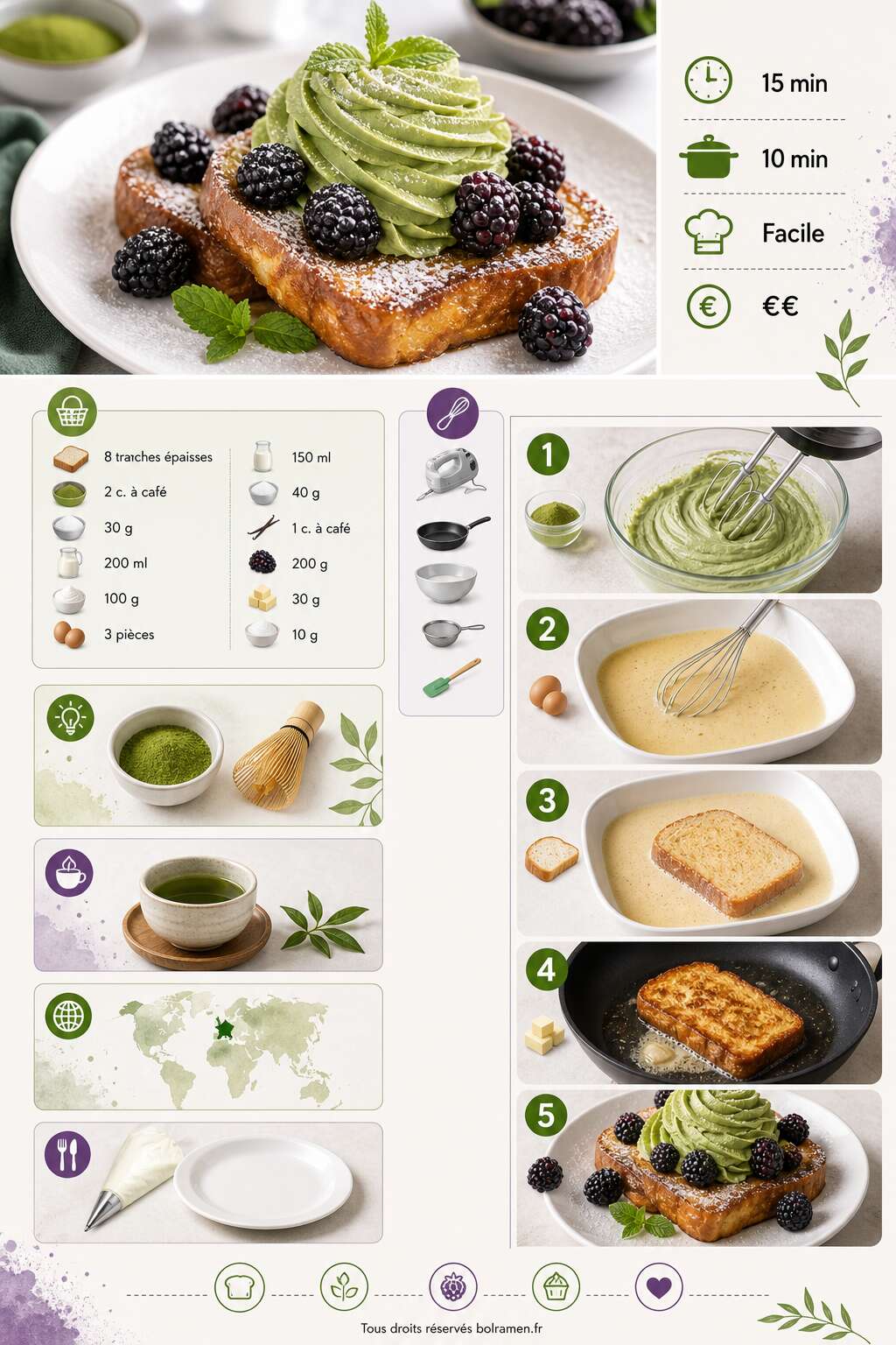 Fiche recette Recette de brioche perdue à la crème de matcha et mûres Fiche recette Recette de brioche perdue à la crème de matcha et mûres