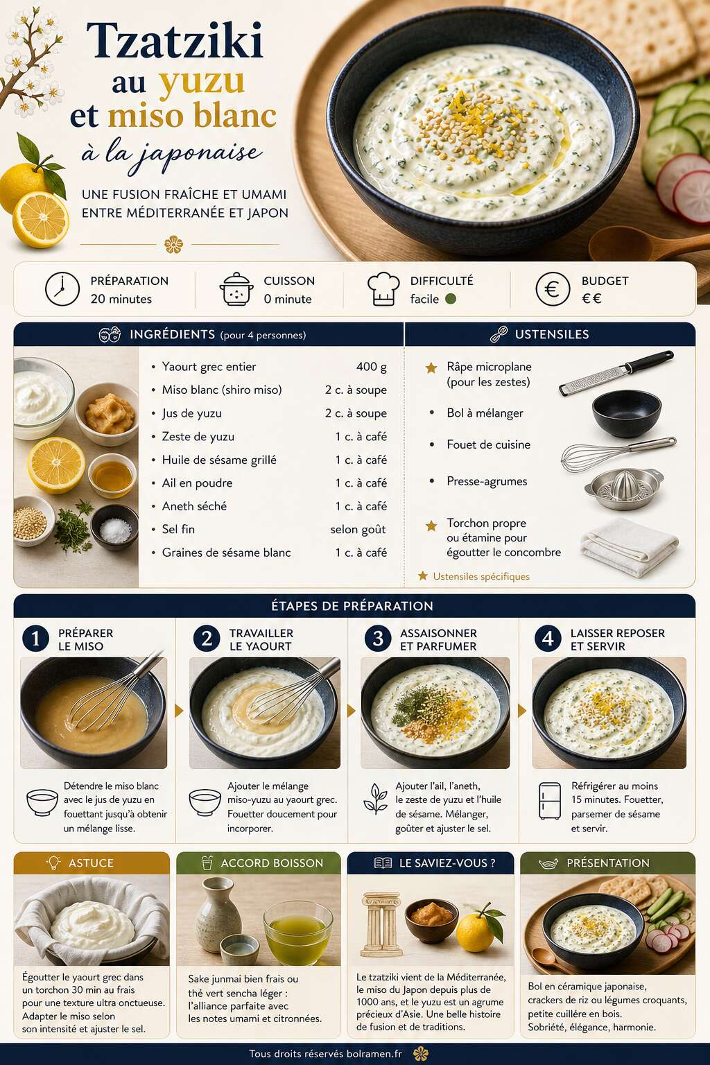 Fiche recette Recette de tzatziki au yuzu et miso blanc &agrave; la japonaise
