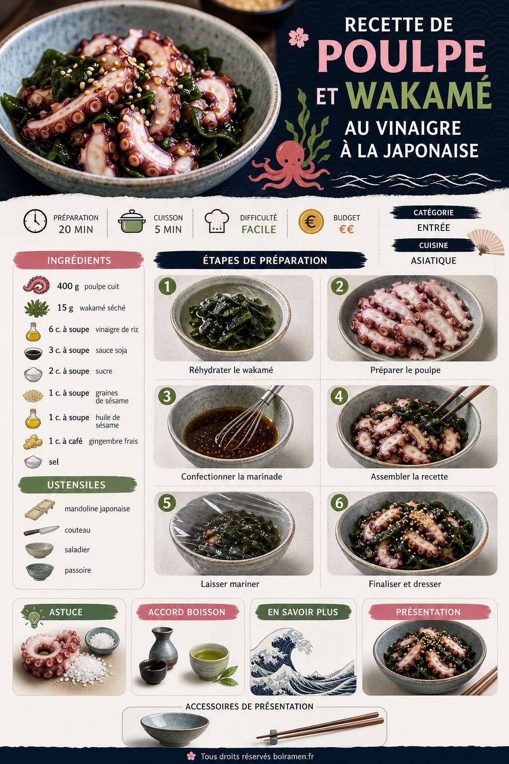 Fiche recette Recette de poulpe et wakamé au vinaigre à la japonaise Fiche recette Recette de poulpe et wakamé au vinaigre à la japonaise