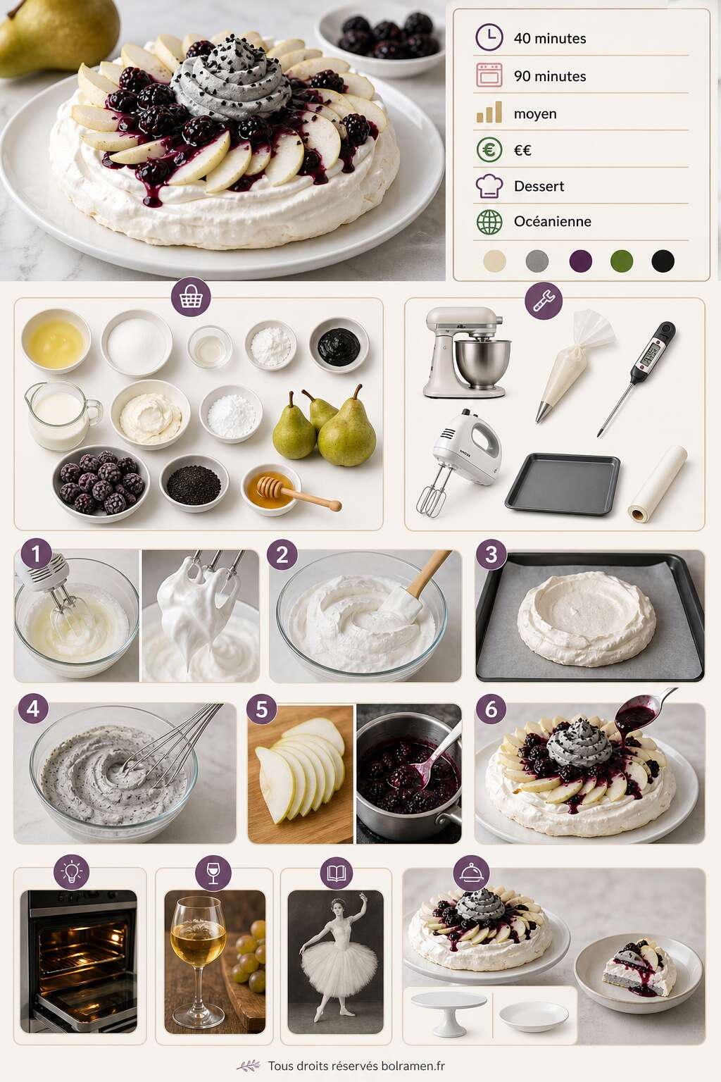 Fiche recette Recette de pavlova poire, mûres et crème au sésame noir Fiche recette Recette de pavlova poire, mûres et crème au sésame noir