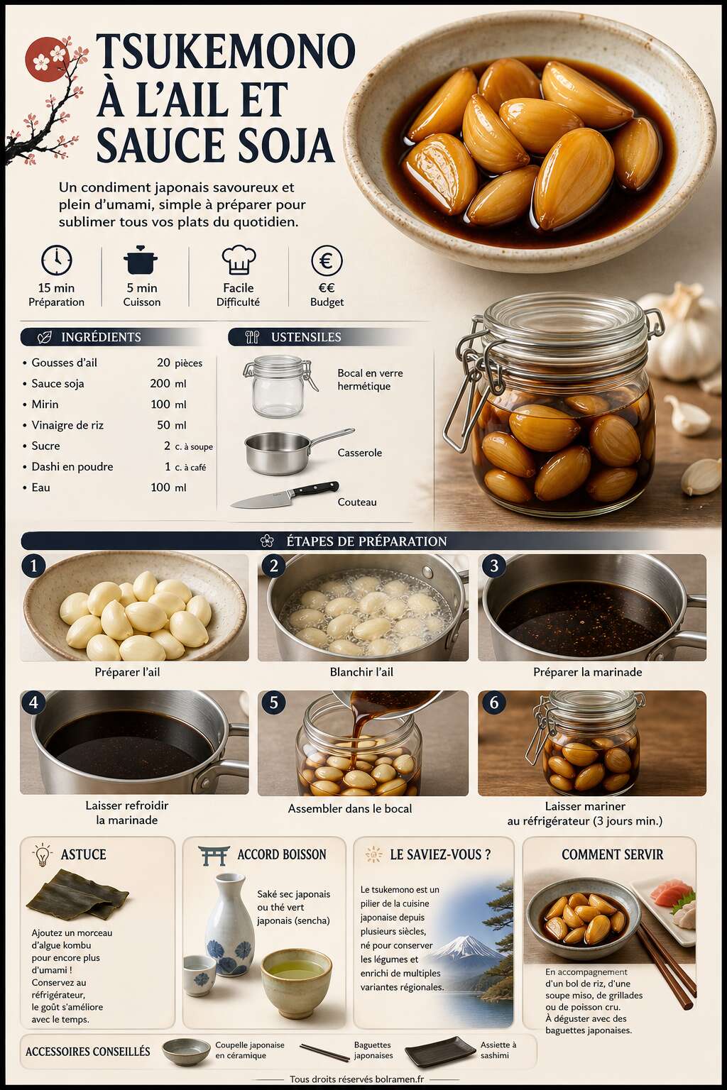 Fiche recette Recette japonaise : tsukemono &agrave; l'ail et sauce soja