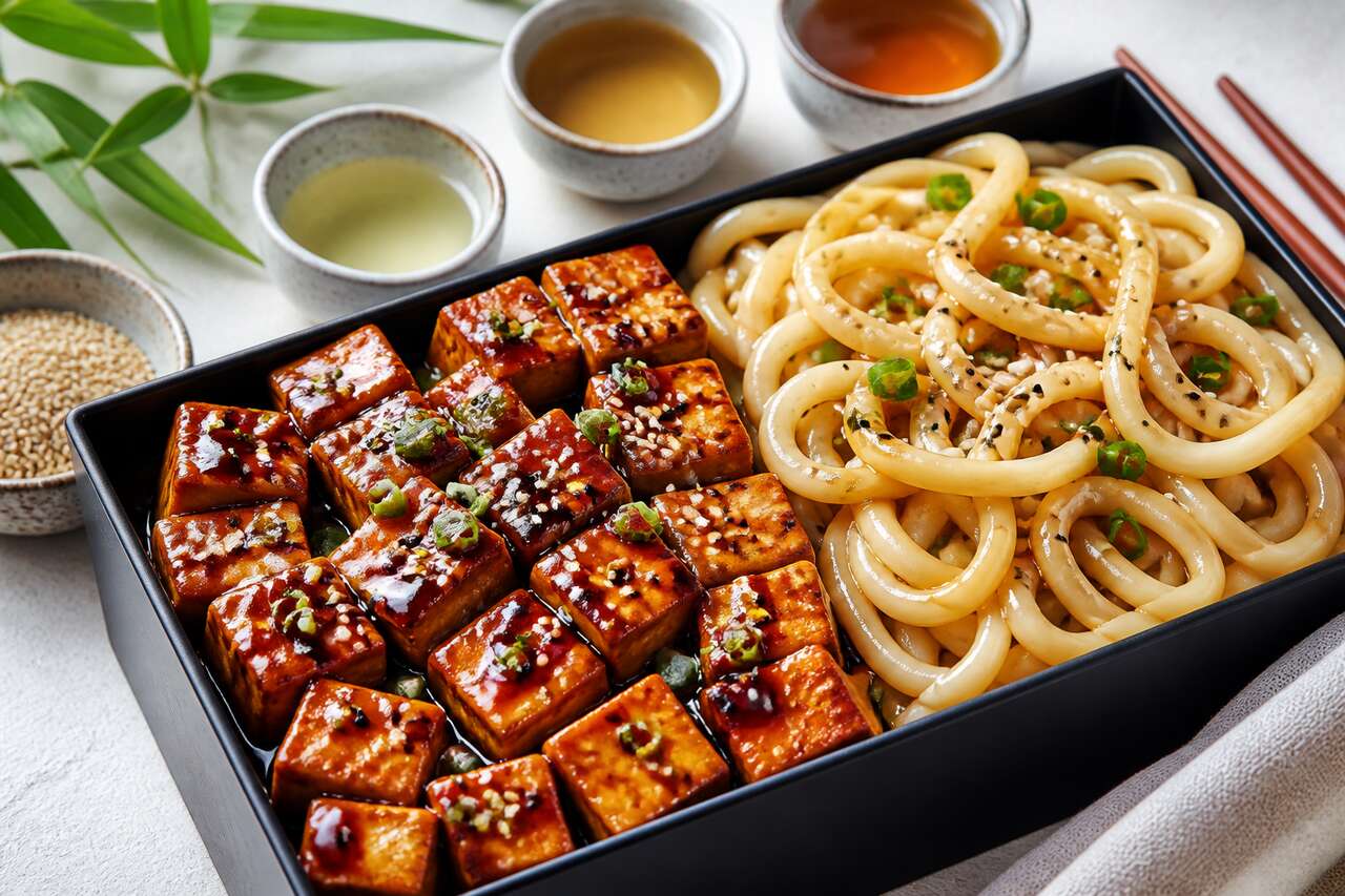 Recette de bento au tofu teriyaki et nouilles udon sauce sésame
