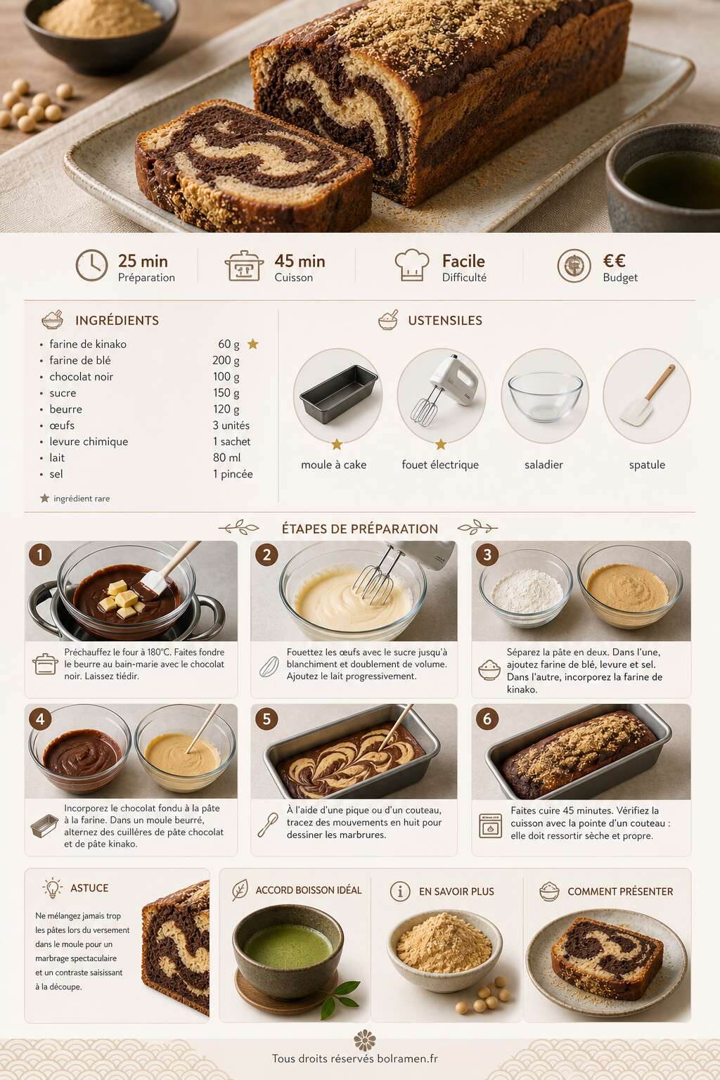 Fiche recette Recette du cake marbré kinako et chocolat Fiche recette Recette du cake marbré kinako et chocolat