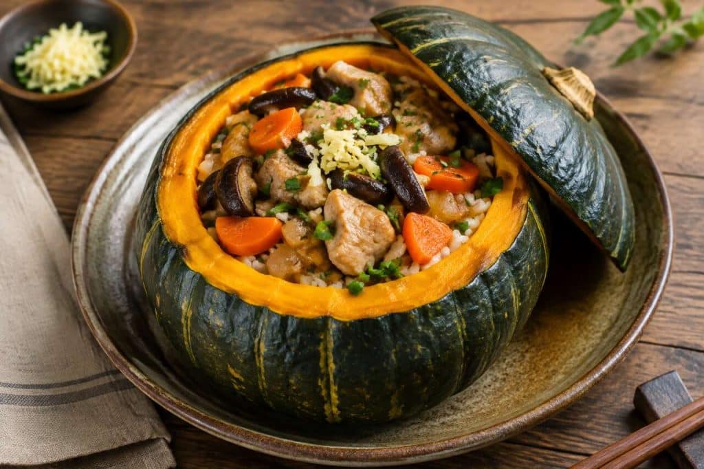 Recette de kabocha farcie au poulet et aux légumes