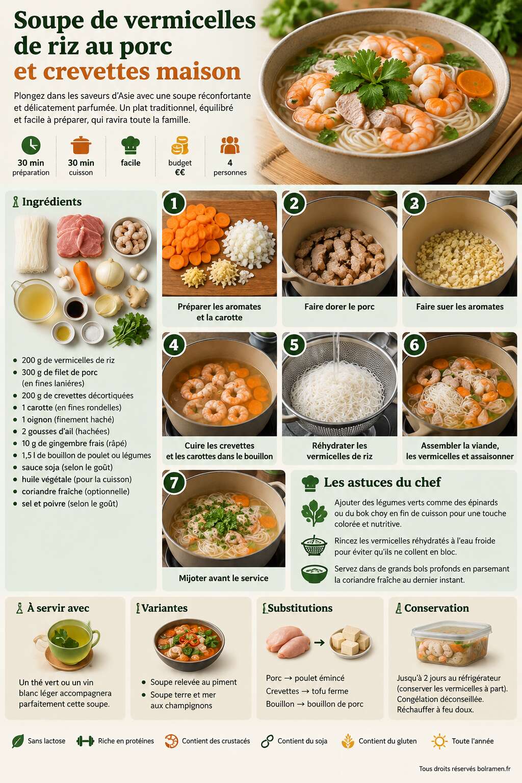 Fiche recette Recette facile : soupe de vermicelles de riz au porc et crevettes maison