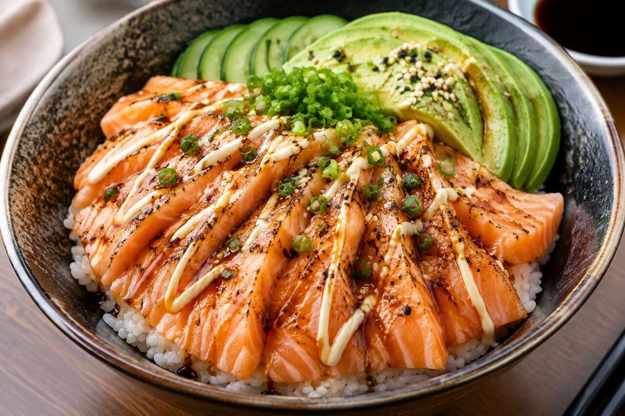 Recette d'aburi saumon donburi : le bol de riz japonais au saumon flambé