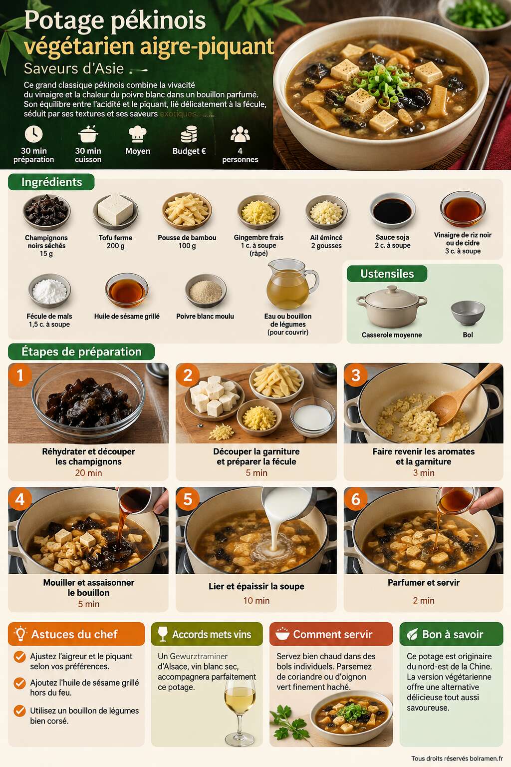 Fiche recette Recette de potage p&eacute;kinois v&eacute;g&eacute;tarien aigre-piquant : saveurs d'Asie