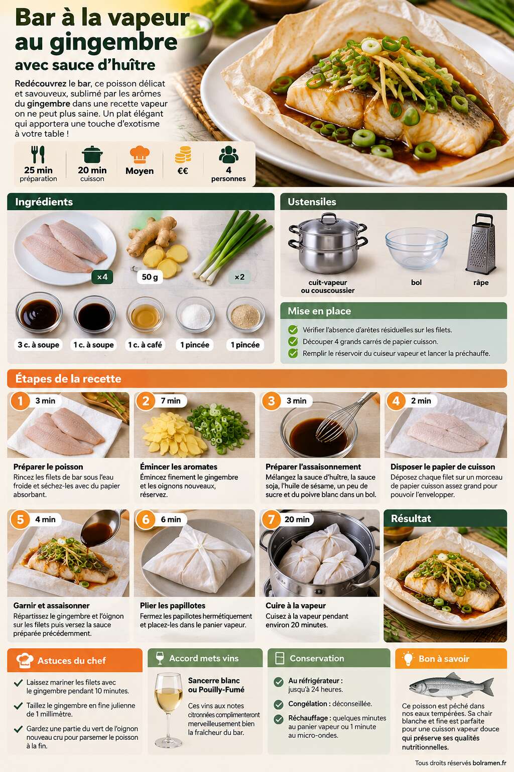 Fiche recette Recette de bar à la vapeur au gingembre avec sauce d'huître Fiche recette Recette de bar à la vapeur au gingembre avec sauce d'huître