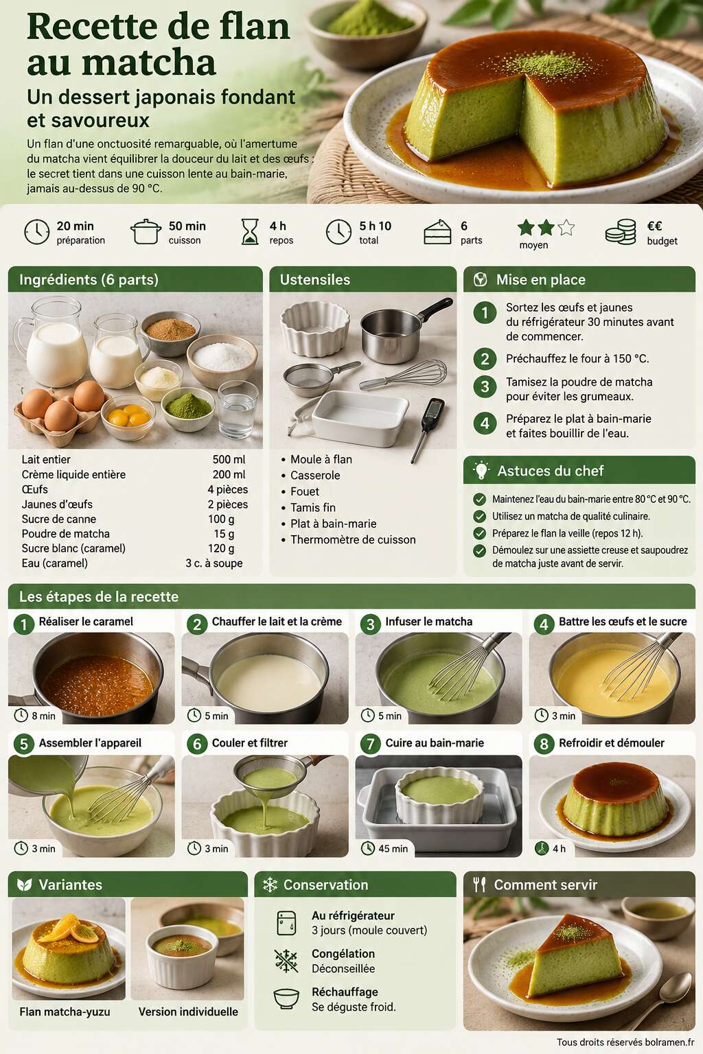 Fiche recette Recette de flan au matcha : un dessert japonais fondant et savoureux Fiche recette Recette de flan au matcha : un dessert japonais fondant et savoureux
